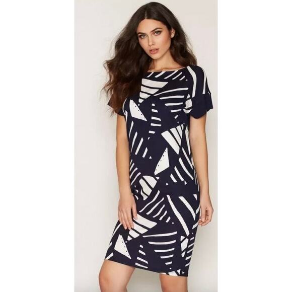 LRL Lauren Ralph Lauren Navy blue/ white geo design Shift dress Viscose Sz  L - Picture 2 of 8
